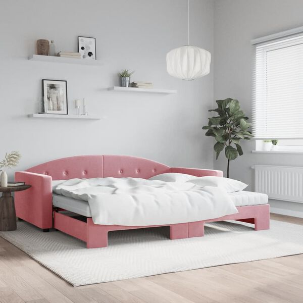 vidaXL Lit de jour avec lit gigogne et matelas rose 100x200 cm velours