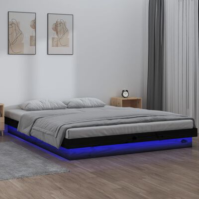 vidaXL Cadre de lit à LED noir 150x200 cm très grand bois massif
