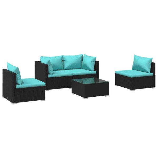 vidaXL Salon de jardin 5 pcs avec coussins R&eacute;sine tress&eacute;e Noir