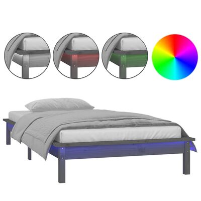 vidaXL Cadre de lit à LED gris 90x200 cm bois massif