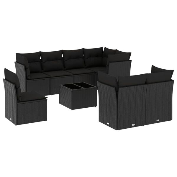 vidaXL Salon de jardin 9 pcs avec coussins noir r&eacute;sine tress&eacute;e
