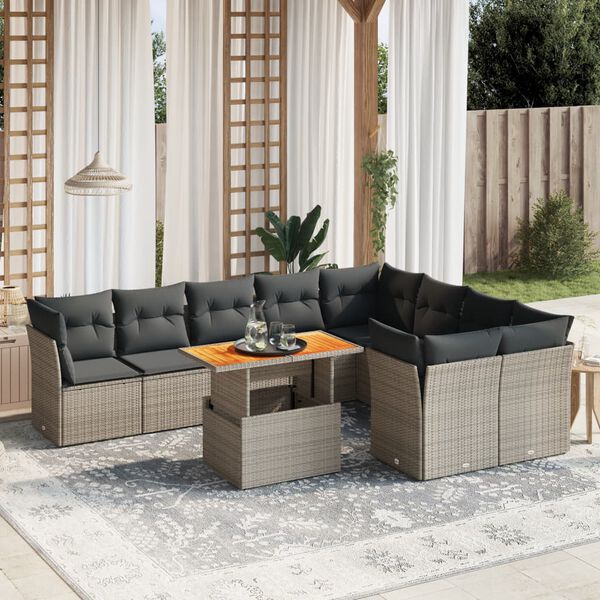 vidaXL Salon de jardin avec coussins 10 pcs gris r&eacute;sine tress&eacute;e