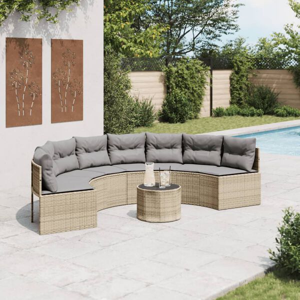vidaXL Canap&eacute; de jardin table coussins demi-rond beige r&eacute;sine tress&eacute;e
