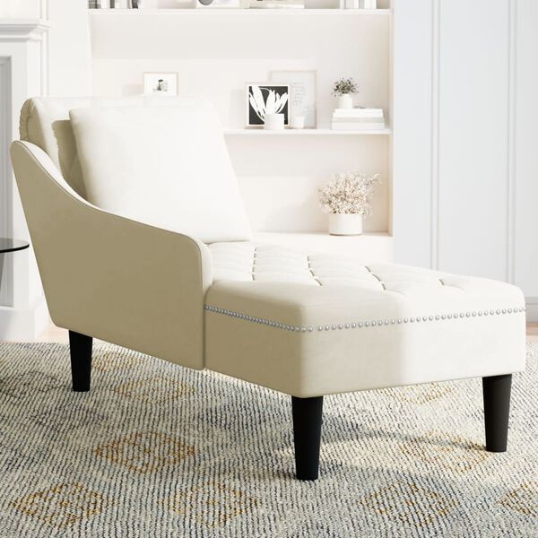 vidaXL Fauteuil long avec coussin et accoudoir droit cr&egrave;me velours