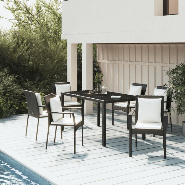 vidaXL Ensemble &agrave; manger de jardin coussins 7pcs Noir R&eacute;sine tress&eacute;e