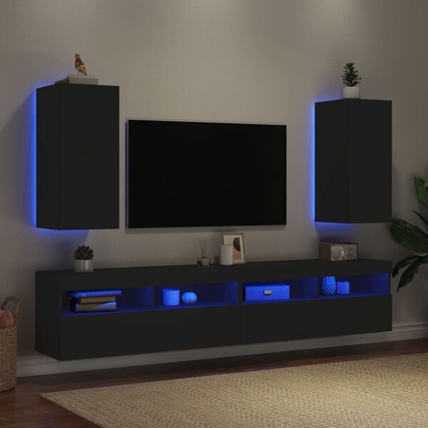 vidaXL Meubles TV muraux avec lumi&egrave;res LED 2 pcs noir 30,5x35x70 cm