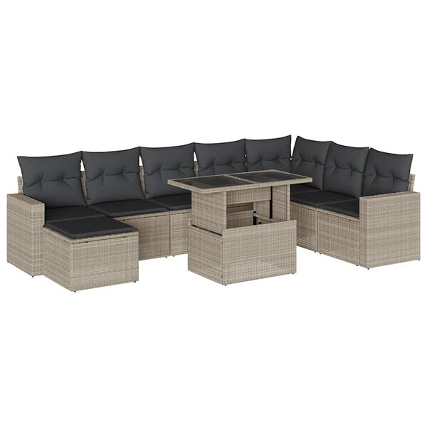 vidaXL Salon de jardin 9 pcs avec coussins gris clair r&eacute;sine tress&eacute;e