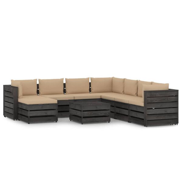 vidaXL Salon de jardin 9 pcs avec coussins gris bois impr&eacute;gn&eacute;