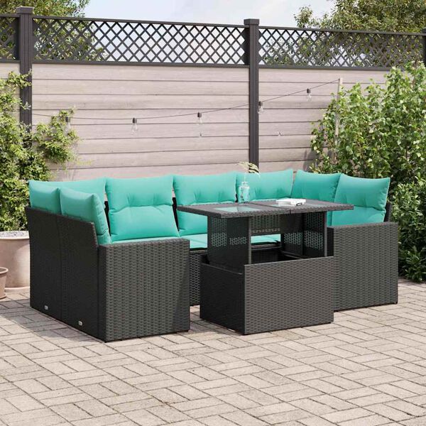 vidaXL Salon de jardin avec coussins 7 pcs noir r&eacute;sine tress&eacute;e acacia