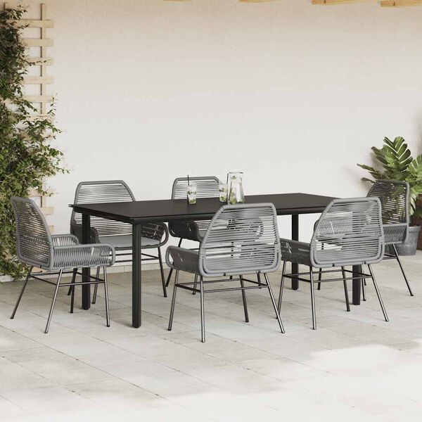 vidaXL Ensemble &agrave; manger jardin coussins 7 pcs gris poly rotin verre