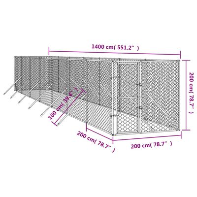 vidaXL Chenil d'extérieur pour chiens argenté 2x14x2 m acier galvanisé