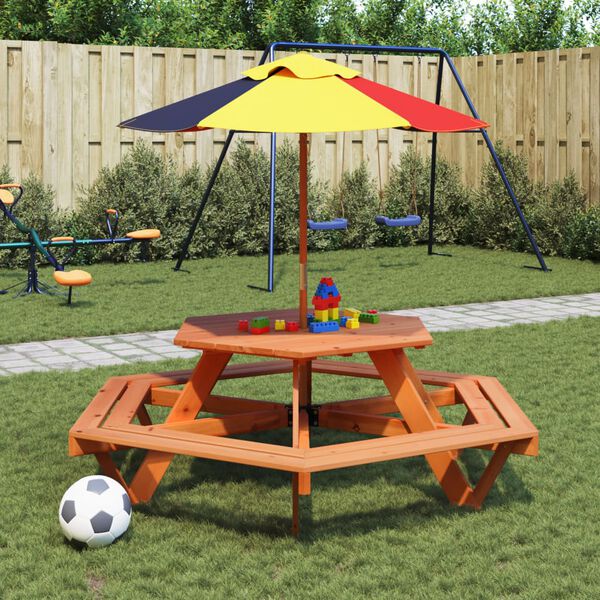 vidaXL Table de pique-nique pour 6 enfants avec parasol hexagone sapin