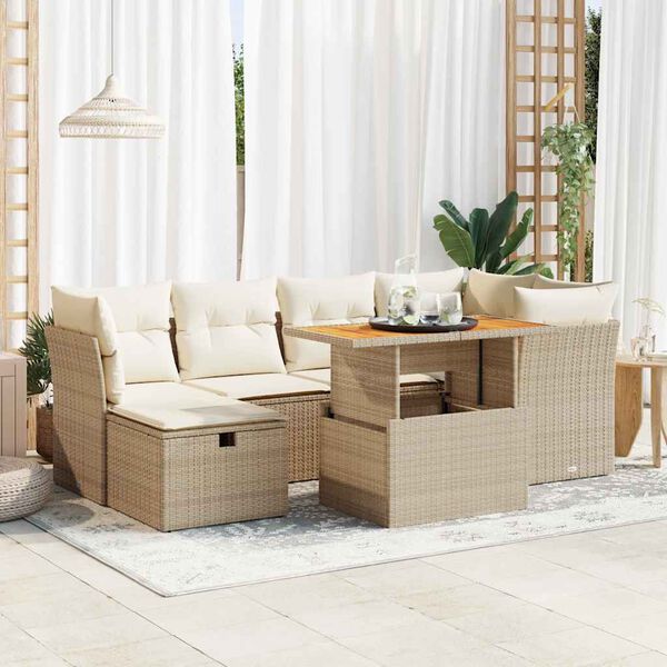 vidaXL Salon de jardin avec coussins 7 pcs beige r&eacute;sine tress&eacute;e acacia