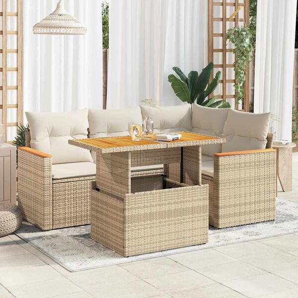 vidaXL Salon de jardin avec coussins 5 pcs beige r&eacute;sine tress&eacute;e acacia