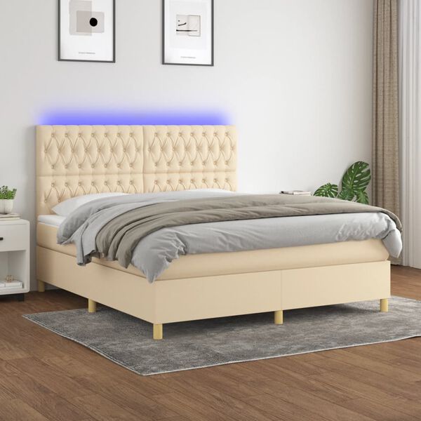 vidaXL Sommier &agrave; lattes de lit et matelas et LED Cr&egrave;me 160x200cm Tissu