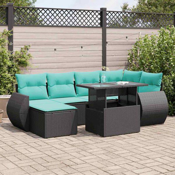vidaXL Salon de jardin avec coussins 7 pcs noir r&eacute;sine tress&eacute;e acacia