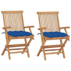 vidaXL Chaises pliantes avec coussins bleus, 2 pi&egrave;ces, en teck massif