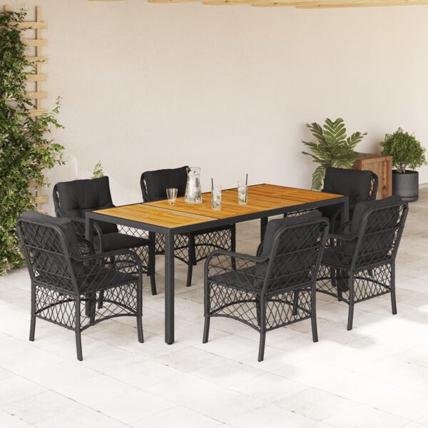 vidaXL Ensemble &agrave; manger de jardin coussins 7pcs Noir R&eacute;sine tress&eacute;e