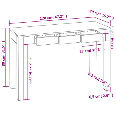 vidaXL Table console avec 3 tiroirs 80 cm Bois massif