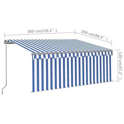 vidaXL Auvent manuel rétractable avec store 3x2,5 m Bleu et blanc