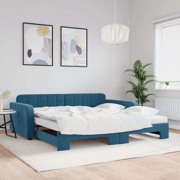 vidaXL Lit de jour avec lit gigogne et matelas bleu 100x200 cm velours