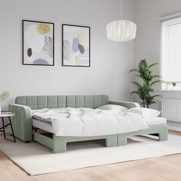 vidaXL Lit de jour avec gigogne et matelas gris clair 90x190cm velours