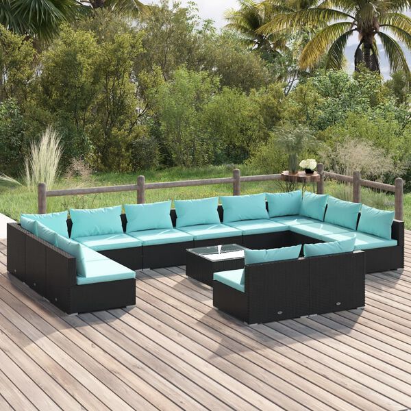 vidaXL Salon de jardin 13 pcs avec coussins Noir Résine tressée