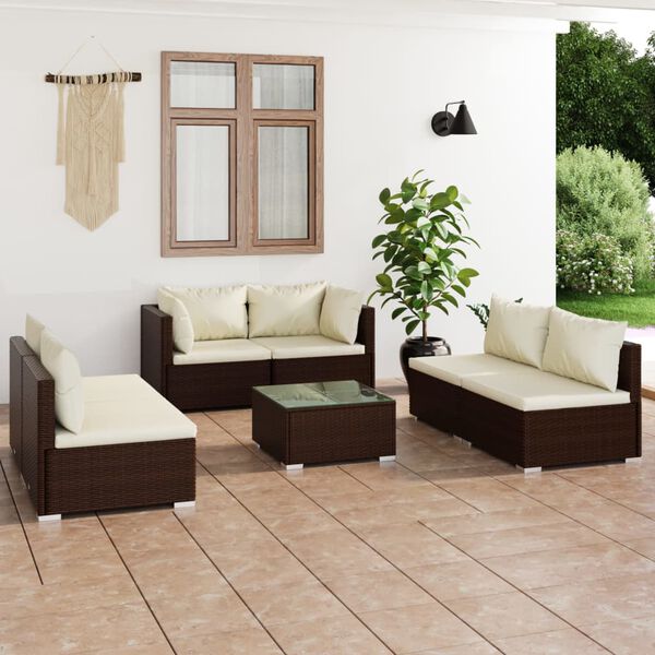 vidaXL Salon de jardin 7 pcs avec coussins R&eacute;sine tress&eacute;e Marron