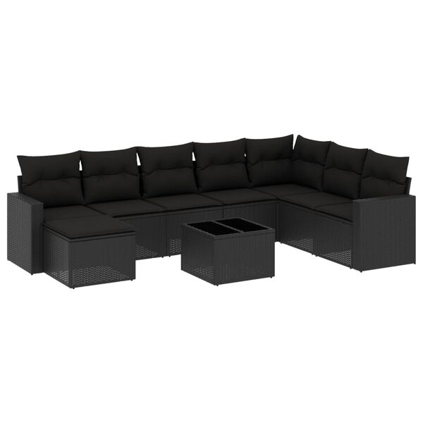 vidaXL Salon de jardin 9 pcs avec coussins noir r&eacute;sine tress&eacute;e
