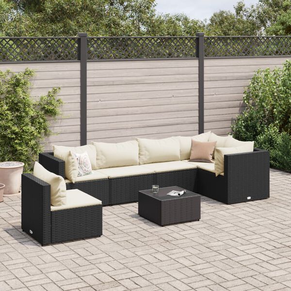 vidaXL Salon de jardin 7 pcs avec coussins Noir R&eacute;sine tress&eacute;e