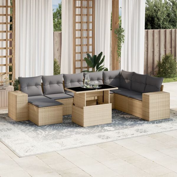 vidaXL Salon de jardin avec coussins 9 pcs beige r&eacute;sine tress&eacute;e