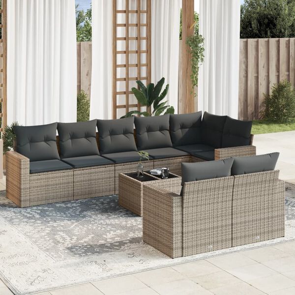 vidaXL Salon de jardin 9 pcs avec coussins gris r&eacute;sine tress&eacute;e