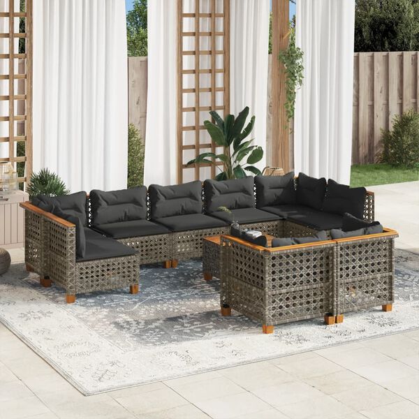 vidaXL Salon de jardin avec coussins 10 pcs gris r&eacute;sine tress&eacute;e