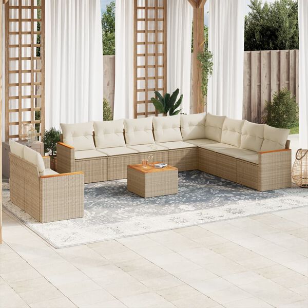 vidaXL Salon de jardin 11 pcs avec coussins beige r&eacute;sine tress&eacute;e