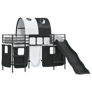 vidaXL Cadre de lit superpos&eacute; pour enfants avec rideaux Uni Noir M&eacute;tал