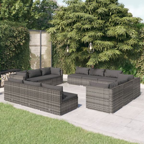 vidaXL Salon de jardin 12 pcs avec coussins R&eacute;sine tress&eacute;e Gris