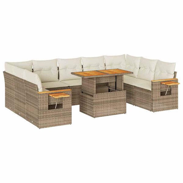 vidaXL Salon de jardin avec coussins 10pcs beige r&eacute;sine tress&eacute;e acacia