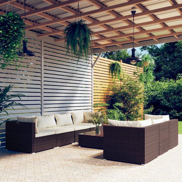 vidaXL Salon de jardin 8 pcs avec coussins r&eacute;sine tress&eacute;e marron