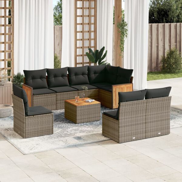 vidaXL Salon de jardin 9 pcs avec coussins gris r&eacute;sine tress&eacute;e