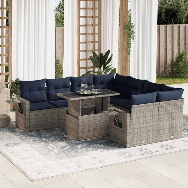 vidaXL Salon de jardin avec coussins 9 pcs gris résine tressée acacia