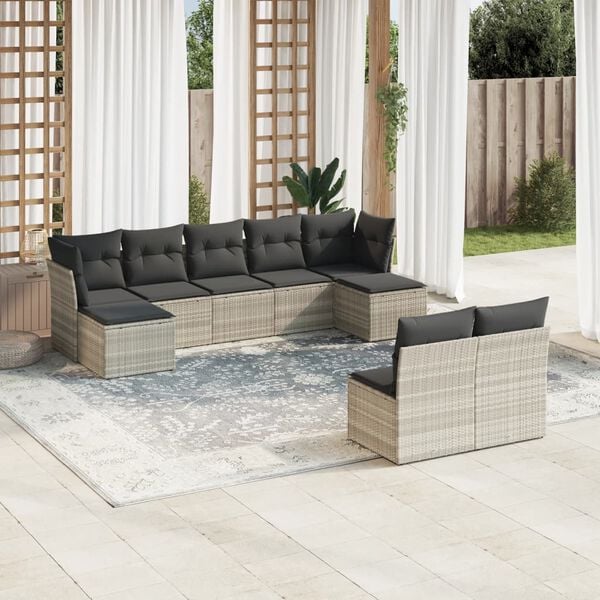 vidaXL Salon de jardin 9 pcs avec coussins gris clair résine tressée
