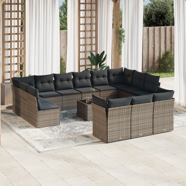 vidaXL Salon de jardin avec coussins 14 pcs gris r&eacute;sine tress&eacute;e