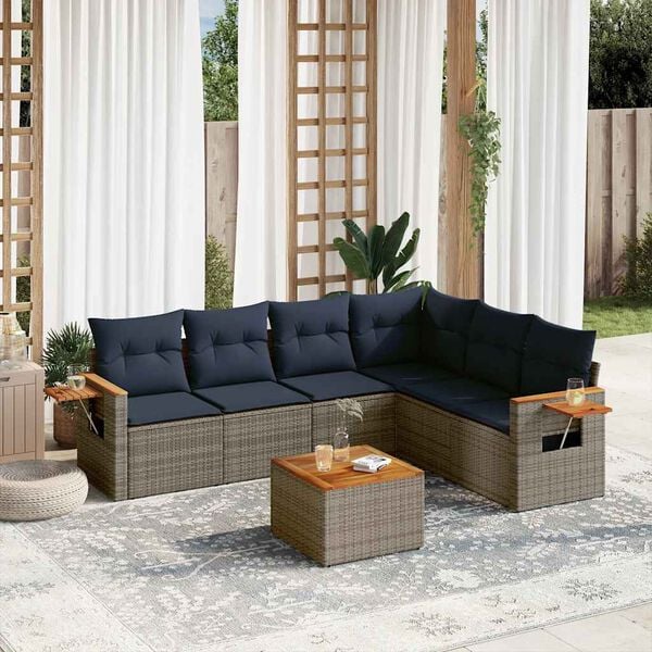 vidaXL Salon de jardin 7 pcs avec coussins gris r&eacute;sine tress&eacute;e