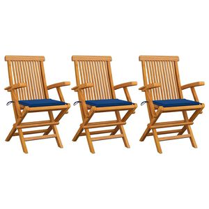 vidaXL Chaises pliantes avec coussins bleu roi, 3 pi&egrave;ces, en bois de teck massif