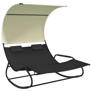 vidaXL Chaise longue double &agrave; bascule avec auvent Noir et cr&egrave;me