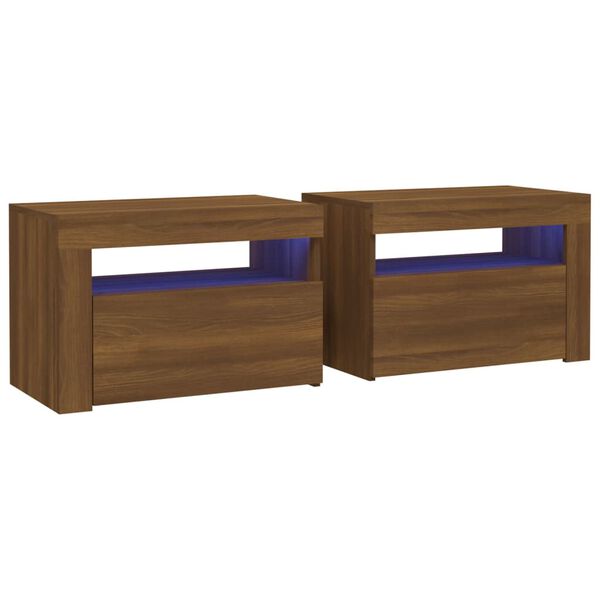 vidaXL Tables de chevet 2 pcs avec LED ch&ecirc;ne marron 60x35x40 cm