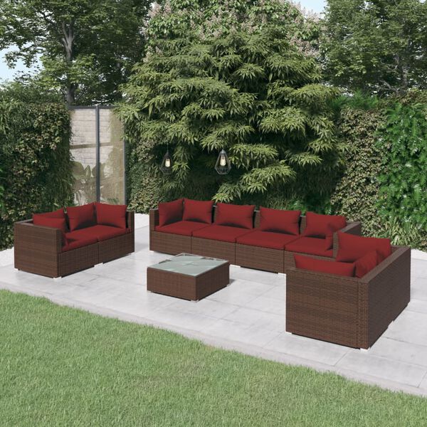 vidaXL Salon de jardin 9 pcs avec coussins Résine tressée Marron