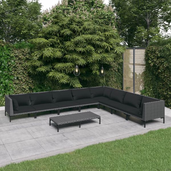 vidaXL Salon de jardin 9 pcs avec coussins R&eacute;sine tress&eacute;e Gris fonc&eacute;