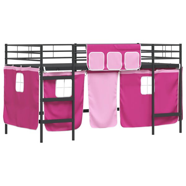 vidaXL Cadre de Lit Mezzanine pour Enfants avec Rideaux Noir et rose