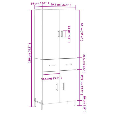 vidaXL Buffet haut Sonoma gris 69,5x34x180 cm Bois d'ingénierie